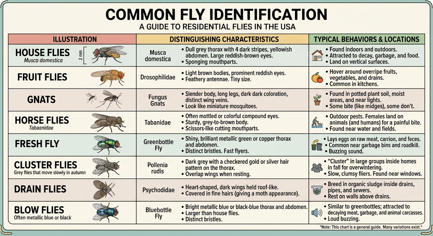 Common fly identification chart: house flies, fruit flies, gnats, horse flies, cluster flies, drain flies, and blow flies found in the USA