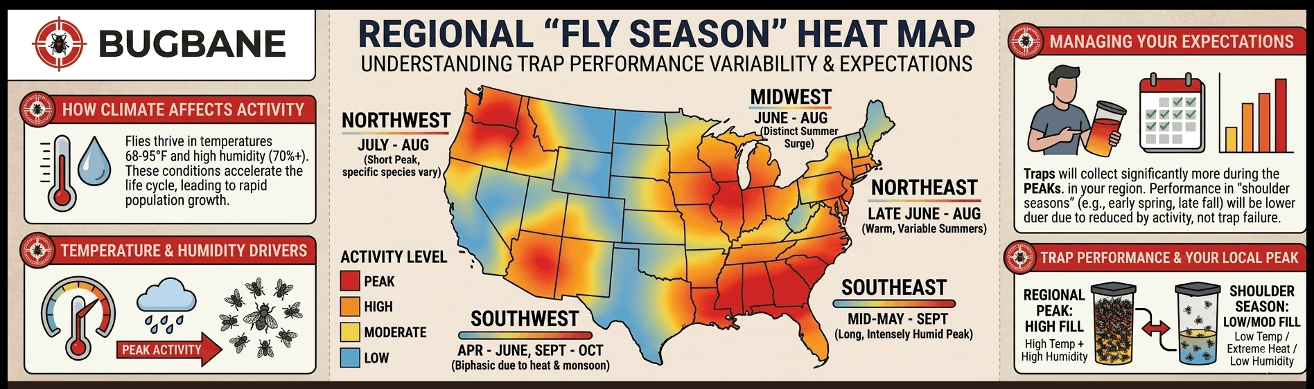 U.S. regional fly season heat map showing peak fly-activity months by region