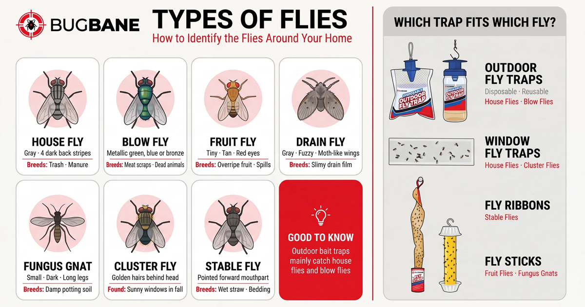 Types of flies infographic: house fly, blow fly, fruit fly, drain fly, fungus gnat, cluster fly, stable fly, and which trap fits which fly