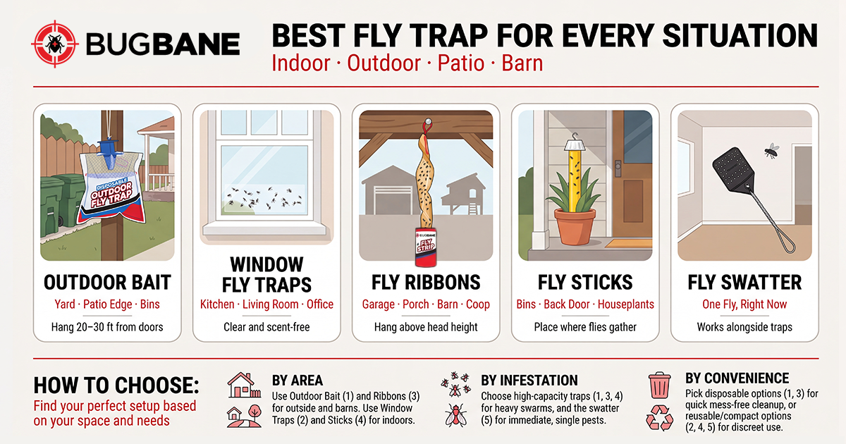 Best fly trap for every situation infographic: outdoor bait traps, window fly traps, fly ribbons, fly sticks and fly swatter by location