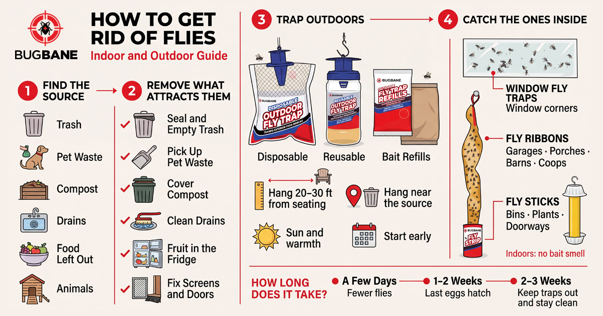 How to get rid of flies infographic: find the source, remove what attracts them, trap outdoors, catch the ones inside