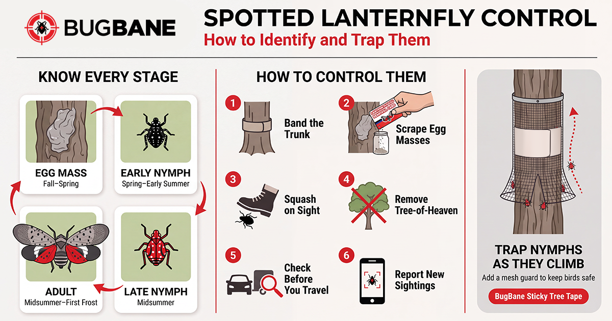 Spotted lanternfly control infographic: egg mass, nymph and adult stages, six control steps, and Sticky Tree Tape trapping nymphs as they climb